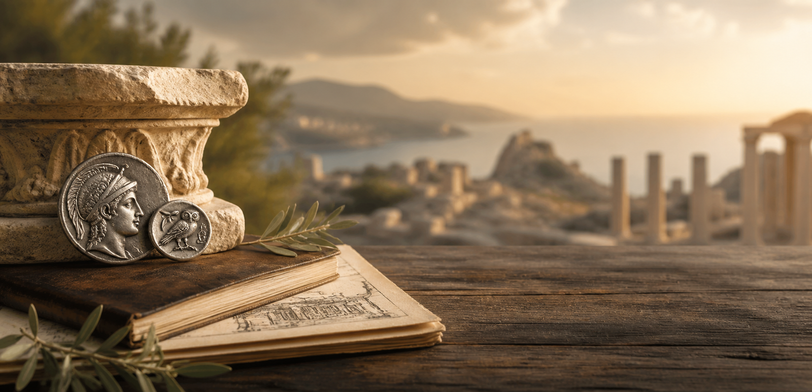 Greek silver tetradrachm with Mediterranean ruins in the background