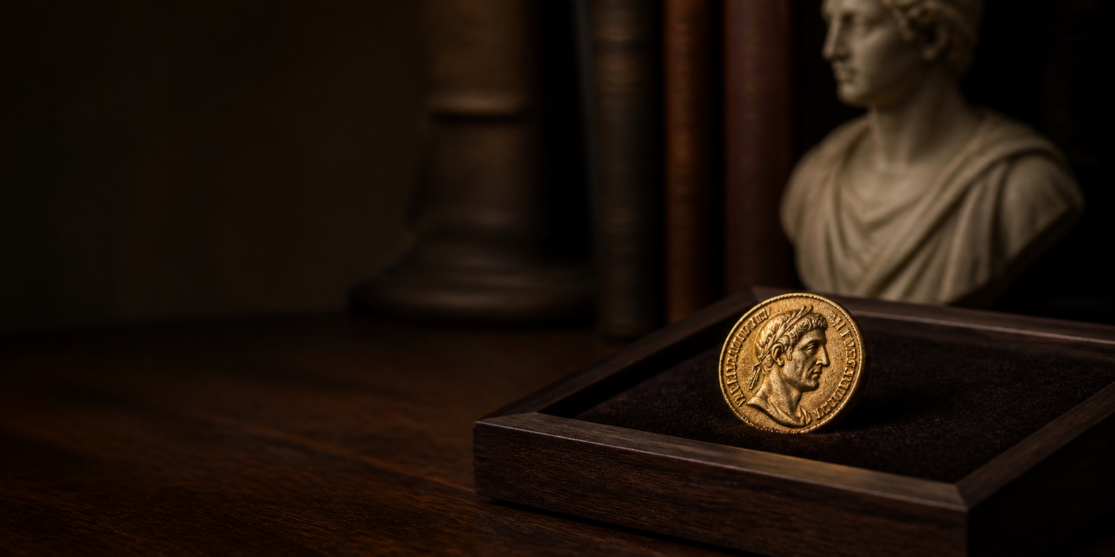 Roman gold aureus presented in a collector's study